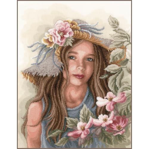 Lanarte Kreuzstich Stickpackungen Gezählter Kreuzstichbilder Set MÄDCHEN MIT HUT Wanddekoration Handarbeit Set für Erwachsene 36 x 46 cm DIY Deko Bastelset Handwerker Kreative Geschenkset von Lanarte