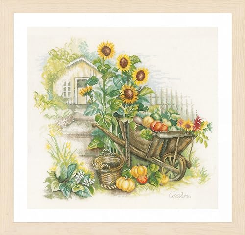 Lanarte PN-0007988 Schubkarre und Sonnenblumen Zählmuster Kreuzstichset, Baumwolle, mehrfarbig, ca. 43 x 37 cm / 17,2" x 14,8" von Lanarte