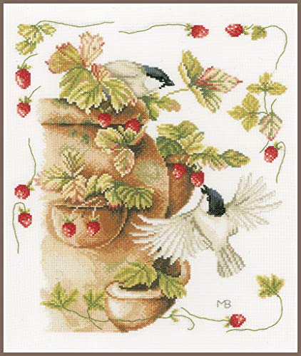 Lanarte Kreuzstich Stickpackungen Gezählter Kreuzstichbilder Set VÖGEL BEIM ERDBEERNASCHEN Wanddekoration Handarbeit Set für Erwachsene 30 x 33 cm DIY Deko Bastelset Handwerker Kreative Geschenkset von Lanarte