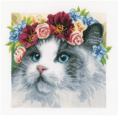 Lanarte Kreuzstich Stickpackungen Gezählter Kreuzstichbilder Set RAGDOLL MIT BLUMENKRANZ Wanddekoration Handarbeit Set für Erwachsene 29 x 29 cm DIY Deko Bastelset Handwerker Kreative Geschenkset von Lanarte