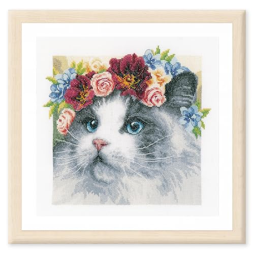 Lanarte Kreuzstich Stickpackungen Gezählter Kreuzstichbilder Set RAGDOLL MIT BLUMENKRANZ Wanddekoration Handarbeit Set für Erwachsene 29 x 29 cm DIY Deko Bastelset Handwerker Kreative Geschenkset von Lanarte