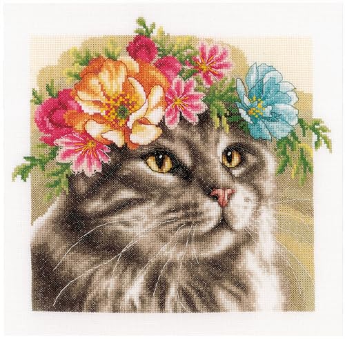 Lanarte Kreuzstich Stickpackungen Gezählter Kreuzstichbilder Set MAINE COON MIT BLUMENKRANZ Wanddekoration Handarbeit Set für Erwachsene 29 x 29 cm DIY Deko Bastelset Handwerker Kreative Geschenkset von Lanarte