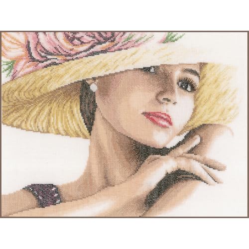 Lanarte Kreuzstich Stickpackungen Gezählter Kreuzstichbilder Set DAME MIT HUT Wanddekoration Handarbeit Set für Erwachsene 36 x 28 cm DIY Deko Bastelset Handwerker Kreative Geschenkset von Lanarte