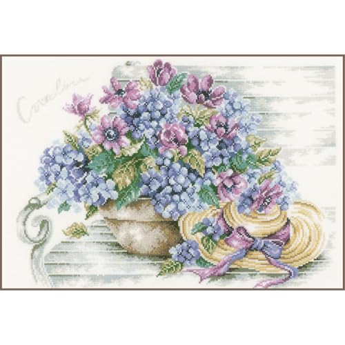Lanarte Kreuzstich Stickpackungen Gezählter Kreuzstichbilder Set HORTENSIEN/BANK Wanddekoration Handarbeit Set für Erwachsene 44 x 34 cm DIY Deko Bastelset Handwerker Kreative Geschenkset von Lanarte