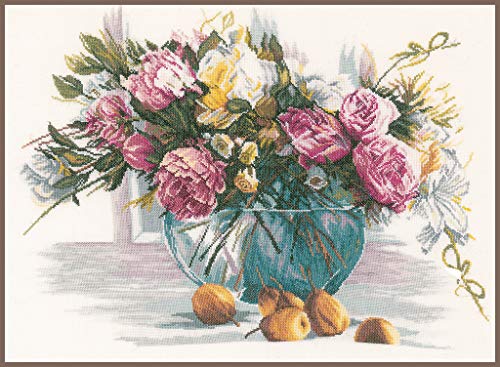 Lanarte Kreuzstich Stickpackungen Gezählter Kreuzstichbilder Set STILLEBEN M. BLUMEN Wanddekoration Handarbeit Set für Erwachsene 53 x 38 cm DIY Deko Bastelset Handwerker Kreative Geschenkset von Lanarte