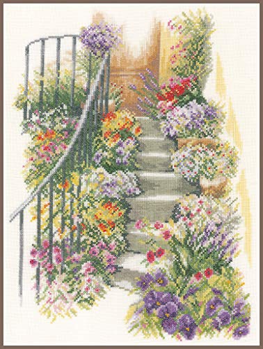 Lanarte Zählmusterpackung Treppe mit Blumen Leinen Kreuzstichpackung, Baumwolle, Mehrfarbig, 27.0 x 37.0 x 0.30 cm von Lanarte