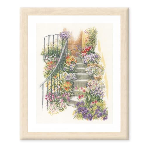 Lanarte Kreuzstich Stickpackungen Gezählter Kreuzstichbilder Set TREPPE MIT BLUMEN Wanddekoration Handarbeit Set für Erwachsene 27 x 37 cm DIY Deko Bastelset Handwerker Kreative Geschenkset von Lanarte