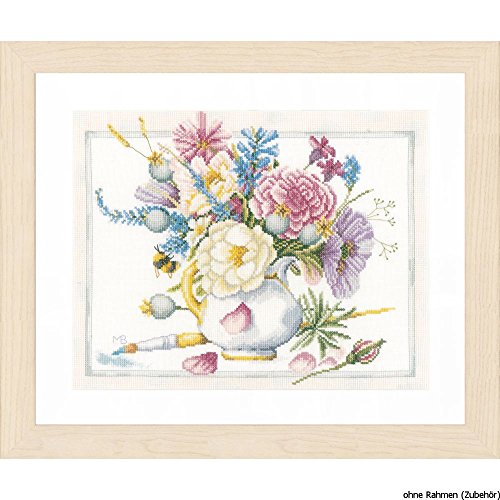 Lanarte Zählmusterpackung weißer Krug mit Blumen Zählstoff Kreuzstichpackung, Baumwolle, Mehrfarbig, 38 x 30 x 0.3 cm von Lanarte