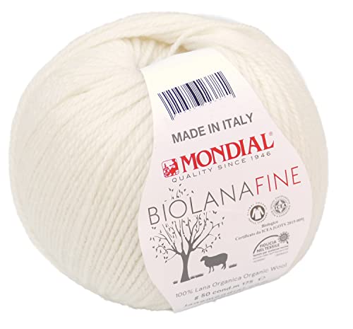 Biowolle Mondial Biolana Fine Farbe 100, 50g Wolle organic wool zum Stricken oder Häkeln von Lanas Mondial