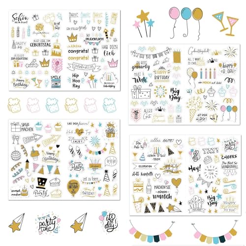 225 Motive auf 4 Blatt Sticker Geburtstag, Aufkleber für Fotoalbum und Gästebuch, Party Sticker für Erwachsene und Kinder, Stickers mit transparentem Matt-Effekt von LandReCol