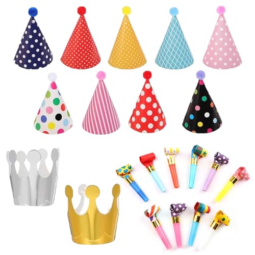 23 Stück Geburtstagsparty-Set, Partyhüte und Kronen für Kinder und Erwachsene, Bunte Tröten für Festliche Stimmung, Inklusive 2 Kronen, 9 Partyhüte und 12 Tröten, Perfekt für Geburtstagsfeiern 23 Stück Geburtstagsparty-Set, Partyhüte und Kronen für Kinder und Erwachsene, Bunte Tröten für Festliche Stimmung, Inklusive 2 Kronen, 9 Partyhüte und 12 Tröten, Perfekt für Geburtstagsfeiern von LandReCol