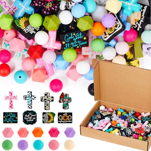 Landical 200 Stück inspirierende Kreuz-Silikonperlen für Stifte, bunt, sechseckig, runde Silikonperlen für Schlüsselanhänger, DIY, Geschenk, Halskette, Armband, Schmuckzubehör von Landical