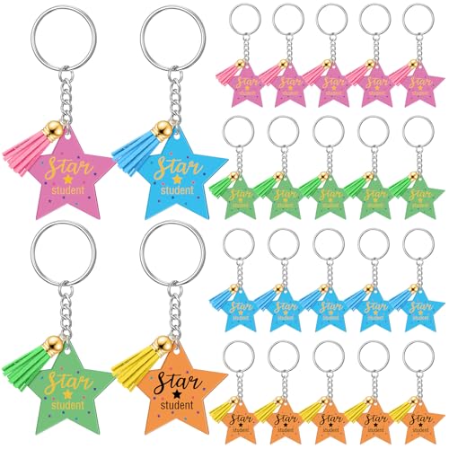 Landical 24 Stück Stern-Schüler-Schlüsselanhänger, Großpackung "Welcome Back to School", Schlüsselanhänger mit Quasten für Schüler, Mehrfarbig, Keychain: about 4 x 4 x 0.2 cm von Landical