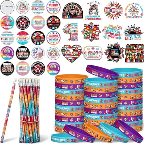 Landical 644 Stück asiatisch-pazifisch-amerikanisches Erbe Monat Partygeschenke Großpackung inklusive Silikon-Armbänder, Abzeichen, Bleistifte und Aufkleber, asiatisch-pazifisch-amerikanische von Landical