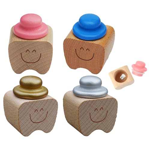 Landrain 4 Stück Milchzahndose aus Holz – Smiley-Design Zahnbox für Jungen & Mädchen (Gold, Silber, Rosa, Blau) – Natürliches Zahnaufbewahrungsgeschenk für Eltern & Zahnfee von Landrain