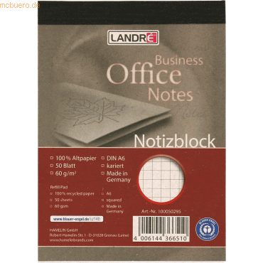 10 x Landre Notizblock A6 60g VE=50 Blatt recycling kariert 10 x Landre Notizblock A6 60g VE=50 Blatt recycling kariert von Landre