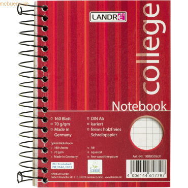 5 x Landre Notebook College A6 160 Blatt 70 g/qm kariert von Landre