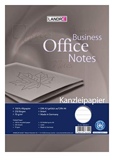 Landré Kanzlei-Papier Recycling A3 auf A4 gefalzt, liniert, 70 g/m², 250 Kanzleibogen Landré Kanzlei-Papier Recycling A3 auf A4 gefalzt, liniert, 70 g/m², 250 Kanzleibogen von LANDRÉ
