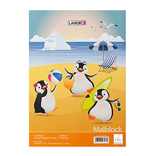 Landre 390410001/100050458 Malblock Pinguine DIN A4, 70 g/qm, 100 Blatt von Landré