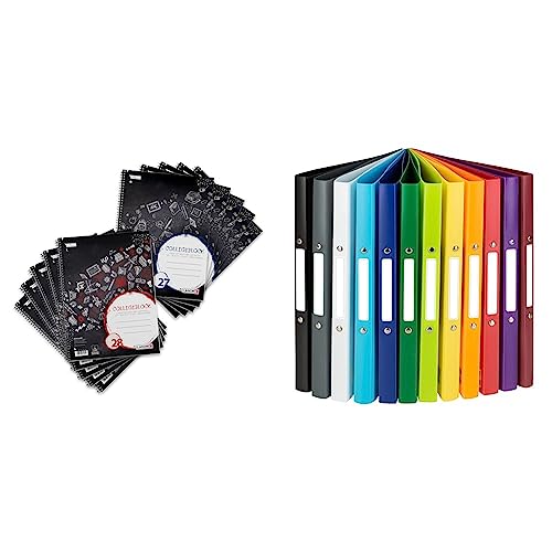 Landre Collegeblock A4, kariert und liniert, mit Rand, 80 Blatt, schwarz, 10 Stück & Idena 10426 - Ringbuch DIN A4, im 12er Set, 2-Ring-Mechanik mit 16 mm Durchmesser, 2 cm Rückenbreite von LANDRE