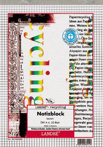 Notizblock Recycling, A4, kariert, 50 Blatt, 60 g/qm von Landré