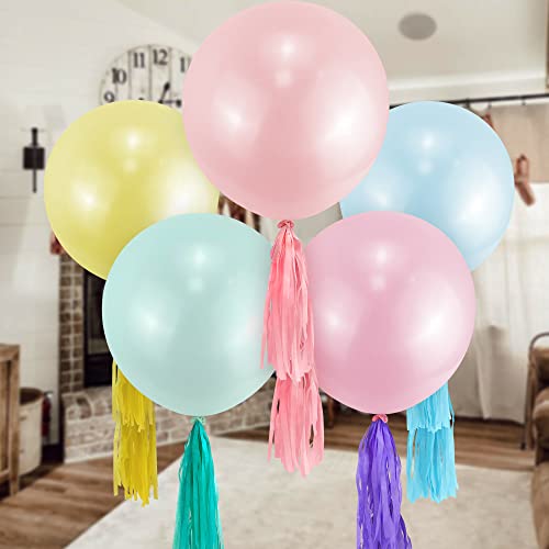 24“ große, pastellfarbene Macaron-Luftballons mit bunter Quaste, große 5-teilige runde Jumbo-Latexballons, rosa, gelb, blau, grün, helllila, Ballon-Geburtstagsfeier-Dekorationen von Lanfly