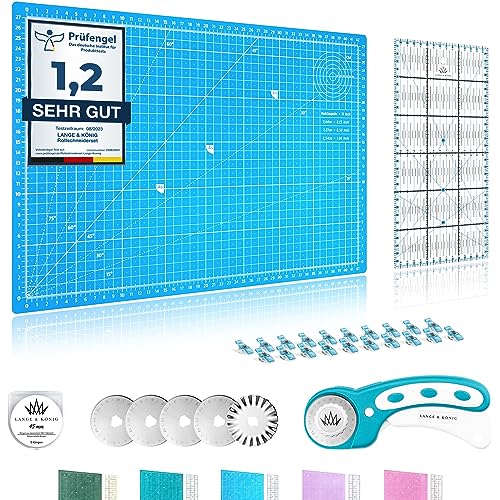 Lange & König Rollschneider Set in 3 Größen [A1, A2, A3] und 5 Farben Inkl. Schneidematte, Rollschneider, 5 Ersatzklingen, Patchwork-Lineal + 20 Stoffklammern als Nähzubehör (A3 Blue V2, A2 Set) von Lange & König