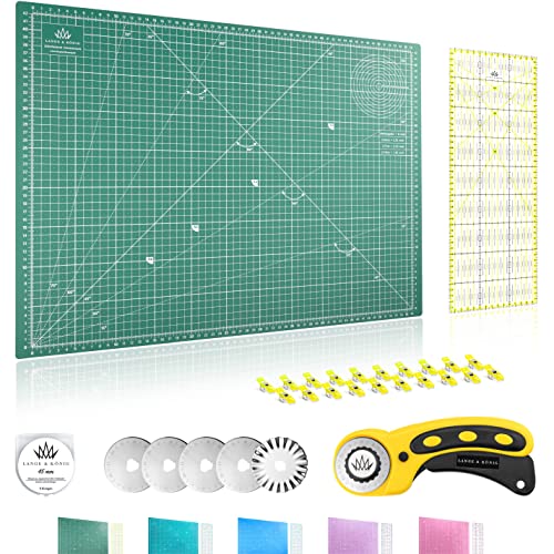 Lange & König Rollschneider Set in 3 Größen [A1, A2, A3] und 5 Farben Inkl. Schneidematte, Rollschneider, 5 Ersatzklingen, Patchwork-Lineal + 20 Stoffklammern als Nähzubehör (Grün, A2 Set) von Lange & König