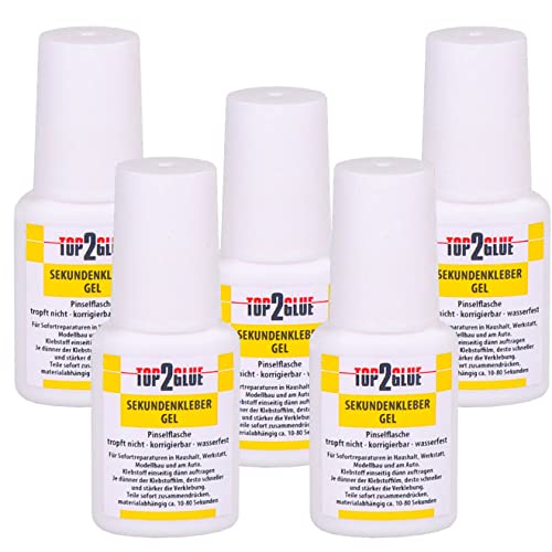 Sekundenkleber dickflüssig - Top2Glue Alleskleber extra stark - Sekundenkleber GEL 10g in der Pinselflasche - Nagelkleber - Tip Kleber - Bastelkleber - Kunststoffkleber wasserfest (5 Flaschen) von Langlauf Schuhbedarf