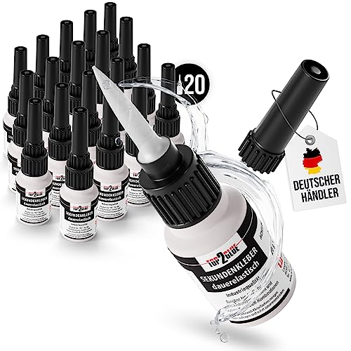 Sekundenkleber extra stark flexibel 20g Top2Glue Industriequalität - Cyanacrylat Superkleber Industriequalität zum Kleben von Plastik, Kunststoff, Glas, Holz, Stein, Metall, Gummi (20 Flaschen) von Langlauf Schuhbedarf