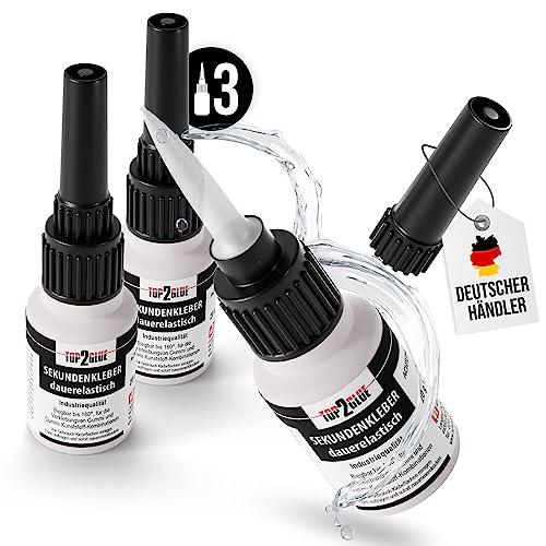 Sekundenkleber extra stark flexibel 20g Top2Glue Industriequalität - Cyanacrylat Superkleber Industriequalität zum Kleben von Plastik, Kunststoff, Glas, Holz, Stein, Metall, Gummi (3 Flaschen) von Langlauf Schuhbedarf