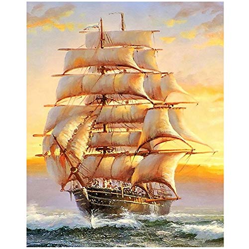 Lanko 5D-Diamant-Stickerei, Boot-Landschaft, handgefertigte Landschaft, Handarbeit, Heimdekoration von Lanko