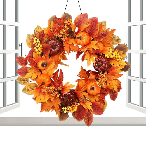 Lanmijia Herbstkranz für Haustür, 45cm Künstliche Kürbiskränze, künstliche Ahornblatt Girlanden Dekorative Kränze für Halloween, Ahornblatt Beere Herbst TürKranz WandKranz Als Tür Fenster von Lanmijia