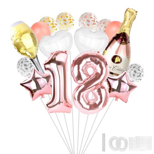 Deko 18. Geburtstag Mädchen, 21 Stück 18 Mädchen Geburtstagsdeko Set, Rosegold Zahlen Luftballon, Helium Folienballon, Konfetti Luftballon für Geburtstag Party Deko von Lanovuto