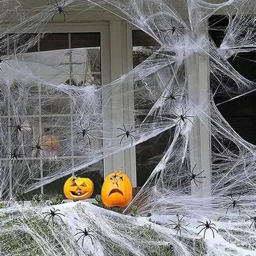 Spinnenweben Halloween Deko, 280g Dehnbare Spinnennetz Dekoration mit 60 Kunststoff Spinnen, für Outdoor Innen, Garten, Spukhaus, Decke, Fenster von Lanovuto