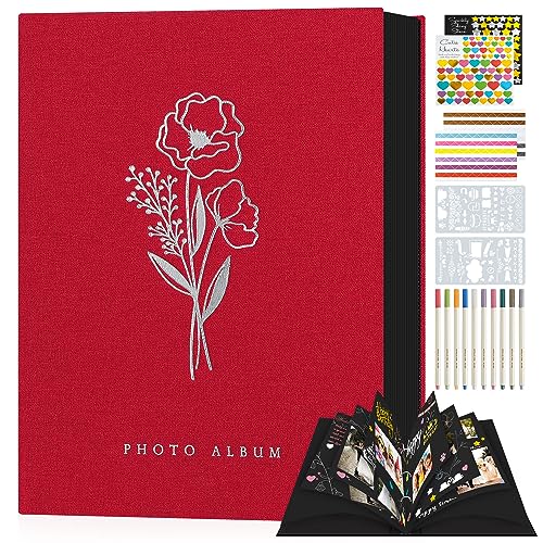 Lanpn Fotobuch zum Selbstgestalten 80 Schwarze Seiten, Leinen DIY Scrapbook Album mit 10 Metall Stifte als Geschenk zum Hochzeitstag, Weihnachte, Geburtstag Freunde und Familie (Rot, 22,5x29,5cm) von Lanpn