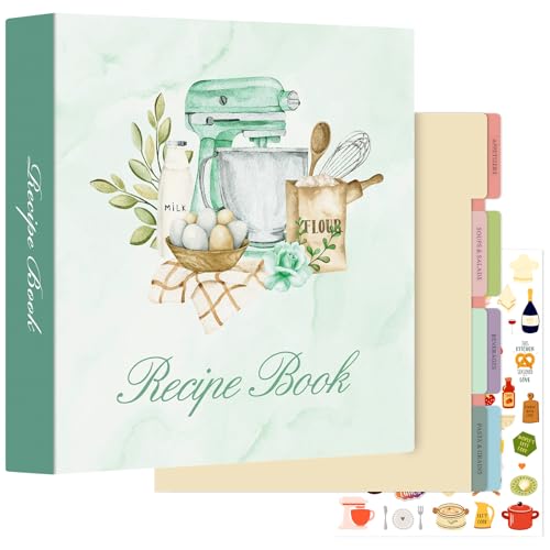 Lanpn Rezepte Ordner 3 Ringen für Kochrezepte, A4 Kochbuch Selbst Schreiben, Leder Recipe Binder Rezeptordner mit 8 Trennblättern und 2 Aufklebern, DIY Rezeptbuch zum Selberschreiben, Grün von Lanpn