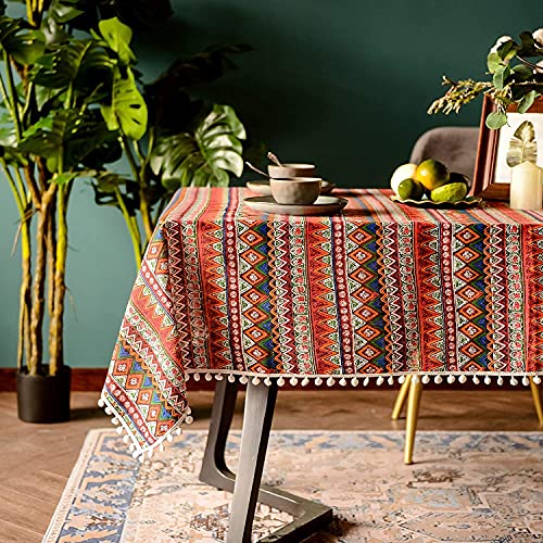 Lanqinglv Bohemian Tischdecke 140x140cm mit Quaste Baumwolle und Leinen Abwaschbar Rot Bunt Indisch Vintage Quadratisch Gartentischdecke Küchentischabdeckung für Speisetisch von Lanqinglv