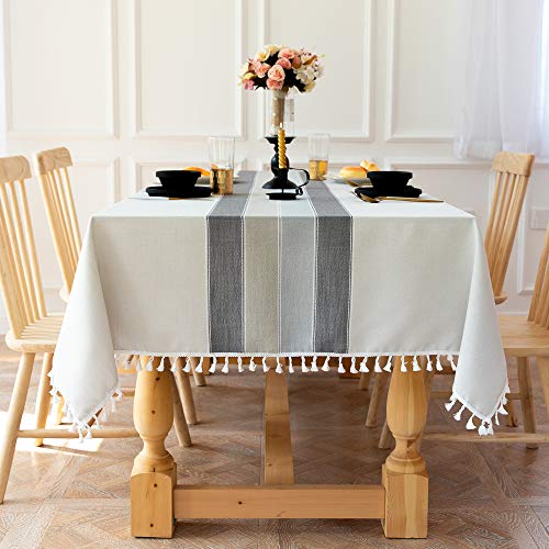 Lanqinglv Party Grau Weiß Tischdecke Abwaschbar 110x170cm mit Quasten Streifen Vintage Baumwolle und Leinen Tischtuch Rechteckig Couchtisch Tischdecke Gartentischdecke von Lanqinglv