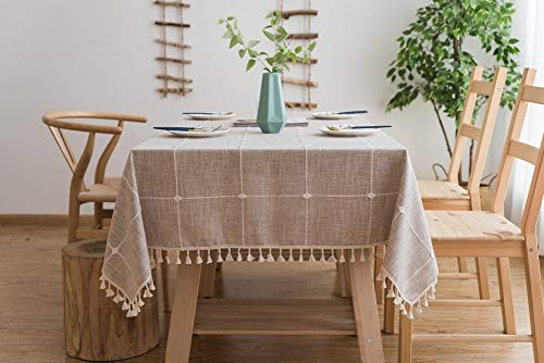 Lanqinglv Quaste Tischdecke 100x160 Beige Kariert Baumwolle und Leinen Tischtuch Rechteck Couchtisch Tischdecke Gartentischdecke Abwaschbar Küchentischabdeckung für Speisetisch (100x160,Beige) von Lanqinglv