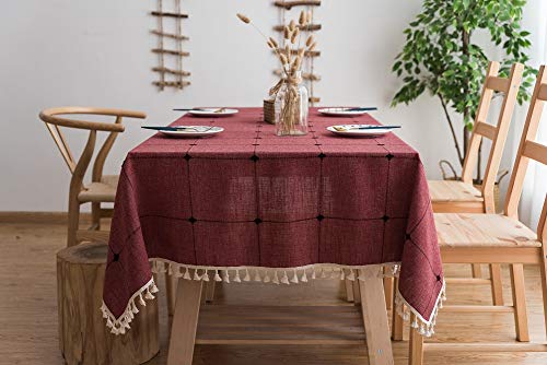 Lanqinglv Quaste Tischdecke 140x220 Rot Kariert Baumwolle und Leinen Tischtuch Rechteck Couchtisch Tischdecke Gartentischdecke Abwaschbar Küchentischabdeckung für Speisetisch (140x220,Rot) von Lanqinglv