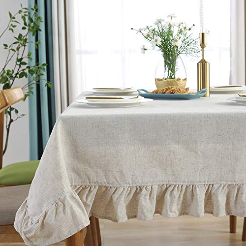 Lanqinglv Tischdecke Rund 100 cm Abwaschbar Einfarbig Baumwolle Leinen Tischdecke Hochzeit Beige mit Rüsche Dekoration Vintage Tischtuch Garten Outdoor (R100,BE) von Lanqinglv