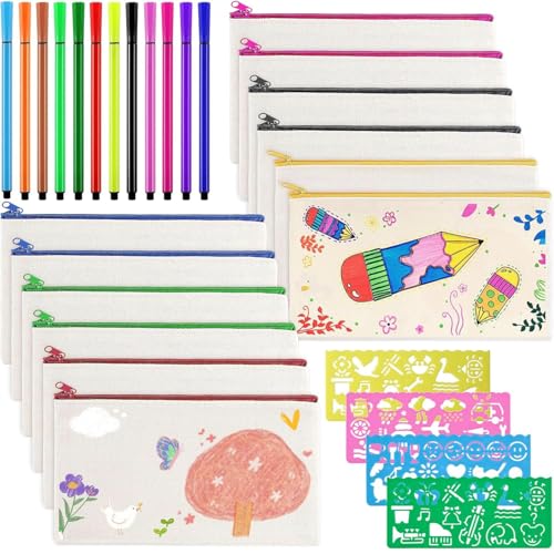 Lansls 8 Stück Stoffbeutel Zum Bemalen Für Kinder, Taschen Zum Bemalen Für Kinder, Diy Kinde Umhängegeldbeutel Mit 12 Farbe Stiften Und 4 Malschablonen Für Schule Party Geburtstag (Stiftetui) von Lansls