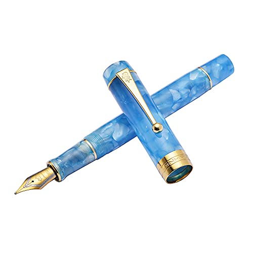 Jinhao 100 Classic Füllfederhalter Himmelblau Zelluloid Gold Trim Extra feine Feder mit Konverter und Stifteetui Set von Lanxivi