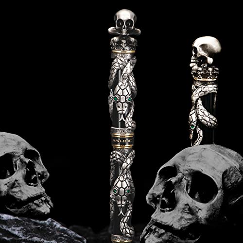 Jinhao Black Snake Füllfederhalter, gebogene Feder, Fude-Stift mit Totenkopfkopf aus massivem Metall von Lanxivi