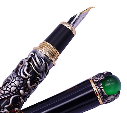 Jinhao Dragon Füllfederhalter, gebogene Feder, schwarze Farbe, schwerer Fude-Stift, feine bis breite Größe, massives Metall mit Stifttasche von Lanxivi