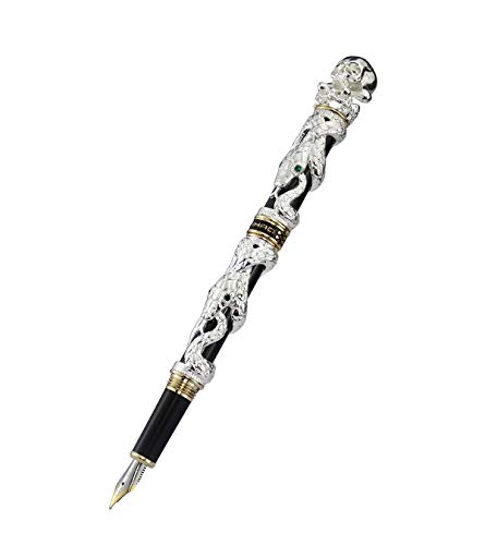 Jinhao Silver Snake Füllfederhalter, mittlere Feder mit Totenkopfkopf, massives Metall und Stiftetui-Set aus Papier von Lanxivi