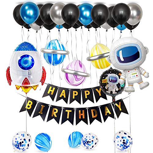 Geburtstagsdeko, Weltraum Geburtstag Party Dekoration Astronauten Raumschiff Raketen Folienballon, Happy Birthday Banner Weltraum Kuchen Topper mit 4D Erde Astronauten Ballons von LAPONO