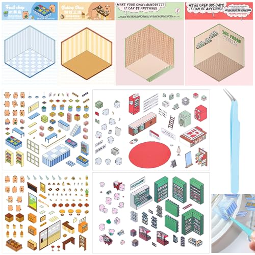 4 Sets 3D House Stickers, Scene Miniatur Haus Sticker 3D Hausaufkleber DIY 3D House Stickers Make Bauen Sie Ihre Eigene, House Sticker Puppenhaus Deko,Supermarkt,Waschküchenhütte,Bäckereien,Obstladen 4 Sets 3D House Stickers, Scene Miniatur Haus Sticker 3D Hausaufkleber DIY 3D House Stickers Make Bauen Sie Ihre Eigene, House Sticker Puppenhaus Deko,Supermarkt,Waschküchenhütte,Bäckereien,Obstladen von Laralily