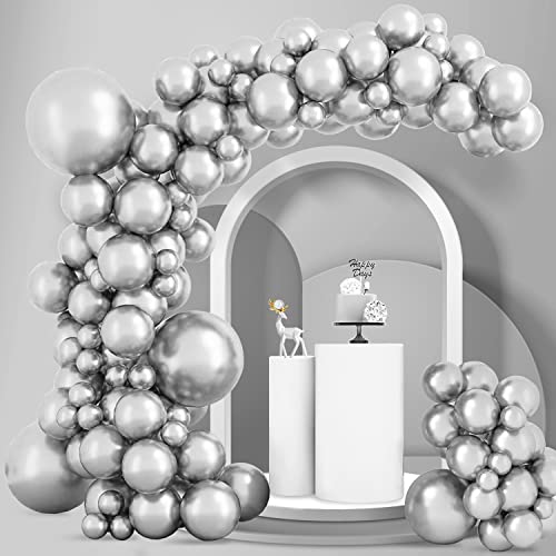Larber 100 Stück Silber Luftballons, Metallic Silber Ballon Girlanden Bogen Kit, Luftballons Geburtstag Silber für Hochzeit Verlobung Taufe Geburtstag Weihnachten Party Dekoration von Larber